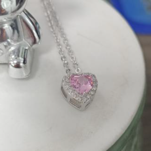 Pink Heart Pendant Necklace - Sterling Silver Halo Heart with Pink