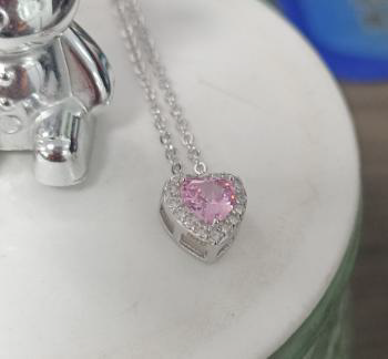 Pink Heart Pendant Necklace - Sterling Silver Halo Heart with Pink