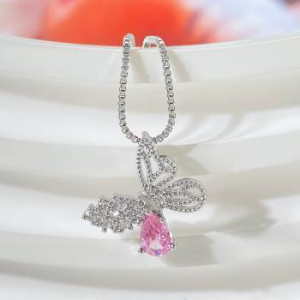 White Gold Plated Teardrop Necklace - Elegant Pink Crystal Pendant