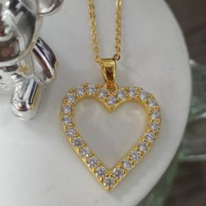Gold Open Heart Pendant Necklace - Gold Plated Sterling Silver, Crystal