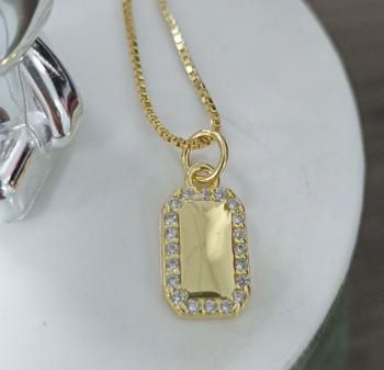 Gold Rectangle Pendant Necklace - Geometric Crystal Framed, Gold-Plated Women's Jewelry