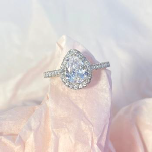 Pear Cut Halo Ring - White Gold Plated Silver Engagement Ring - Size 6-7-8-9