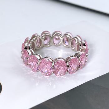 Pink Eternity Ring - Oval CZ Stone Women's Band, White Gold - Size 7-8-9