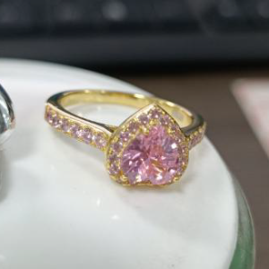Pink Heart Cut Gold Plated Silver Ring - Heart Shaped Pink - Size 6-7-8-9