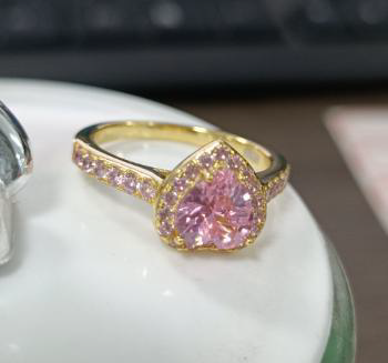 Pink Heart Cut Gold Plated Silver Ring - Heart Shaped Pink - Size 6-7-8-9