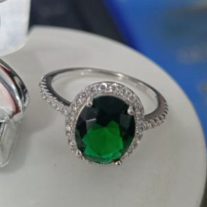 White Gold Plated Ring with Oval-Cut Green Gemstone & Cubic Zirconia - Size 6-7-8