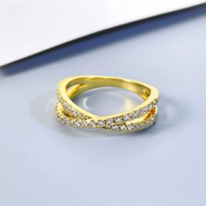 18K Gold Plated Crossover Sterling Silver Ring with Sparkling Cubic Zirconia - Size 7-8