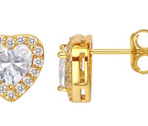 Gold-Plated Heart Stud Earrings with CZ Halo - Sparkly, Romantic, Jewelry