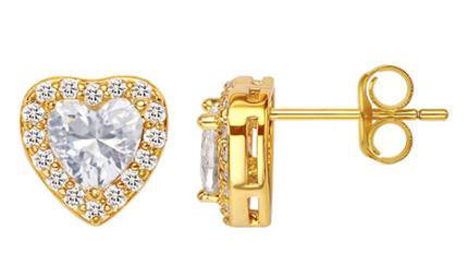 Gold-Plated Heart Stud Earrings with CZ Halo - Sparkly, Romantic, Jewelry