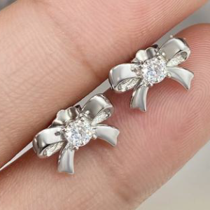 Silver Bow Stud Earrings with Clear CZ Center - Bow-Shaped Jewelry