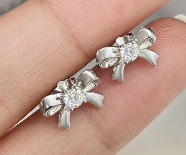 Silver Bow Stud Earrings with Clear CZ Center - Bow-Shaped Jewelry