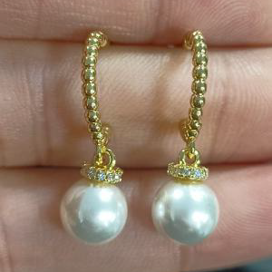 Gold-Plated Drop Pearl Earrings: Textured Beaded Hoop & CZ Crown Cap