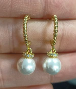 Gold-Plated Drop Pearl Earrings: Textured Beaded Hoop & CZ Crown Cap
