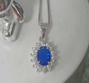 Royal Blue Halo Pendant - Sapphire-Style Oval Necklace with CZ Halo