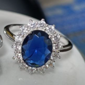 Elegant White Gold Plated Blue Cubic Zirconia Ring - Size 7-8