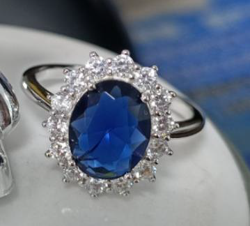 Elegant White Gold Plated Blue Cubic Zirconia Ring - Size 7-8