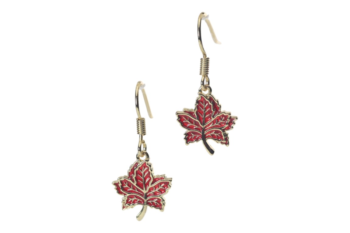 Brass Red Canadian Maple Leaf Drop Earrings - Elegant Fall Jewelry