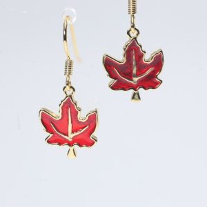 Red Brass Canadian Maple Leaf Drop Earrings - Enameled Handmade Jewelry