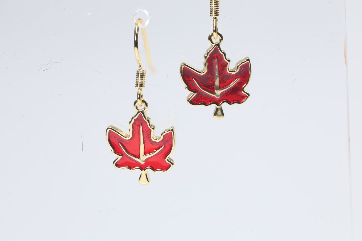 Red Brass Canadian Maple Leaf Drop Earrings - Enameled Handmade Jewelry