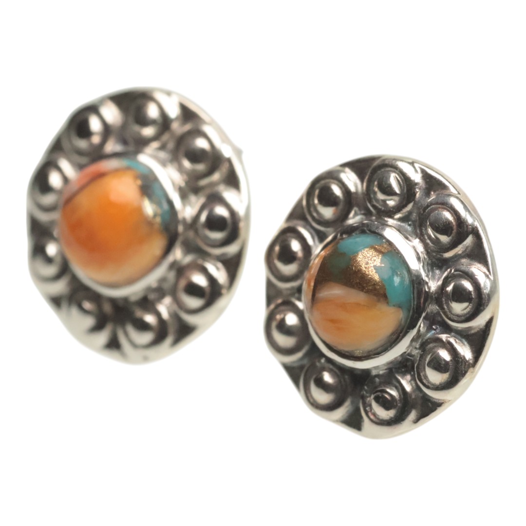 Sunflower Shape Spiny Oyster Turquoise Stud Earrings - 925 Sterling Silver - Image 3