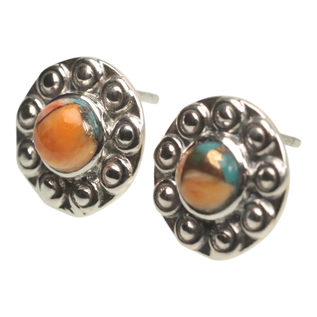 Sunflower Shape Spiny Oyster Turquoise Stud Earrings - 925 Sterling Silver - Image 4