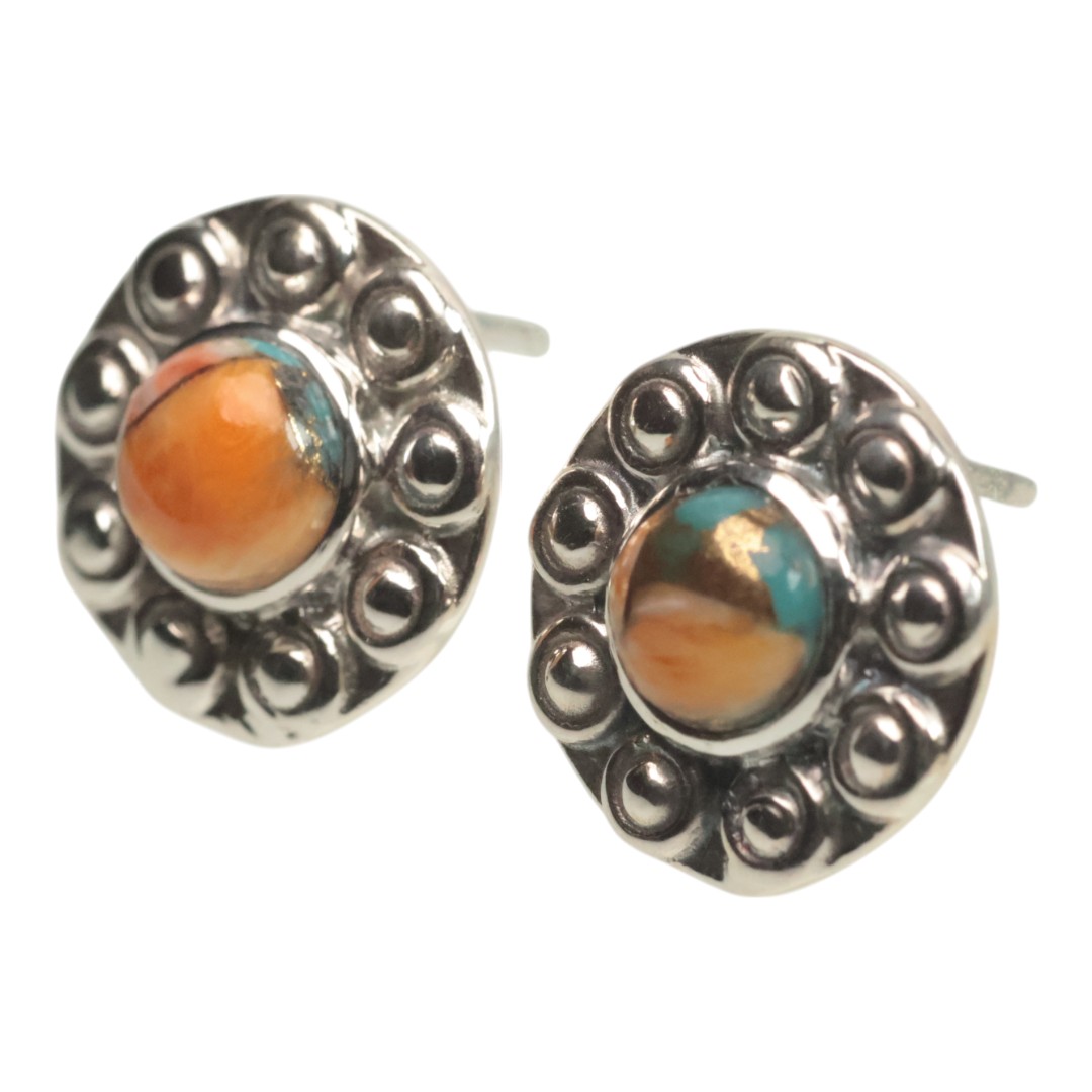 Sunflower Shape Spiny Oyster Turquoise Stud Earrings - 925 Sterling Silver - Image 2