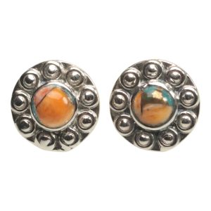 Sunflower Shape Spiny Oyster Turquoise Stud Earrings - 925 Sterling Silver
