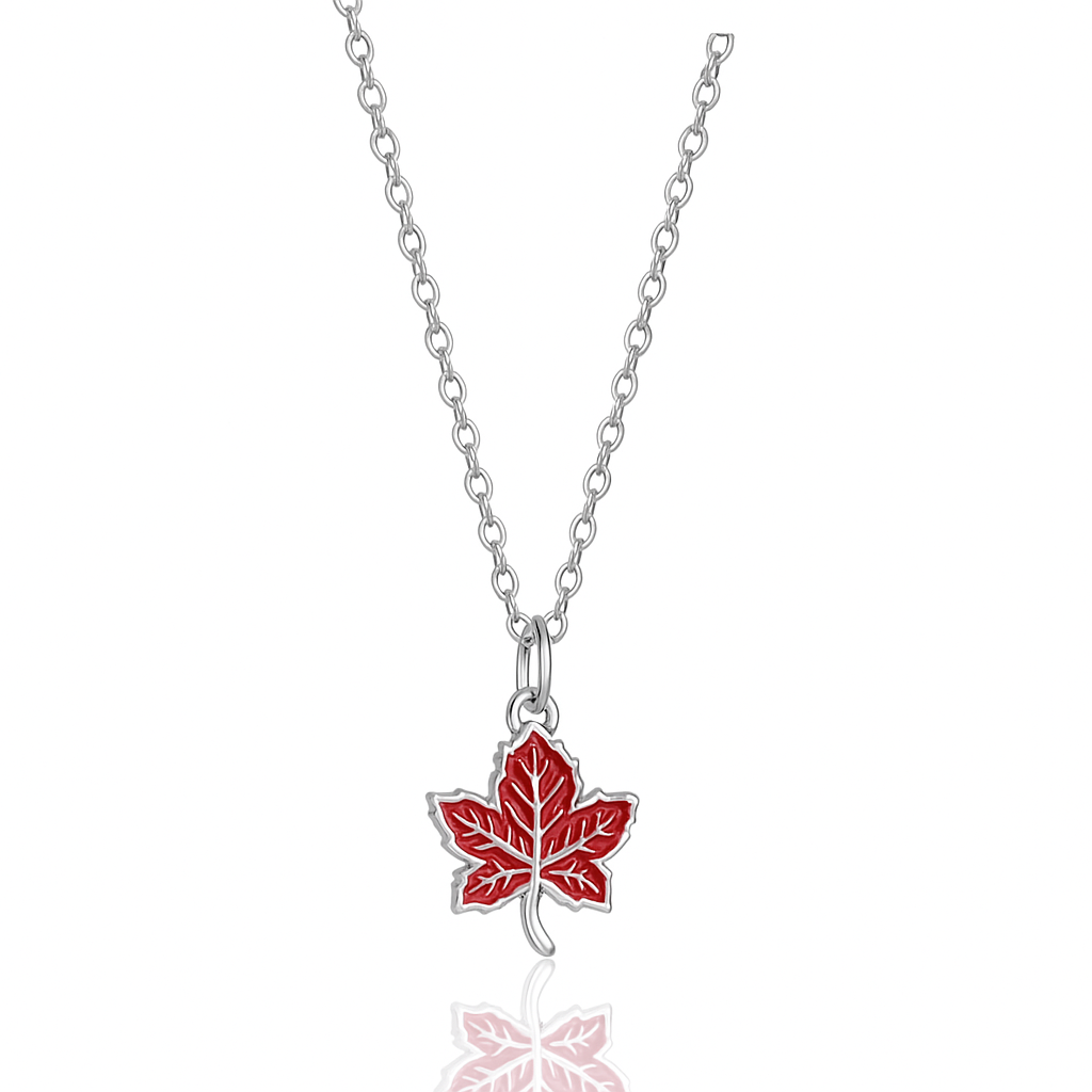 White Gold Plated Maple Leaf Pendant Necklace – Red Enamel Sterling
