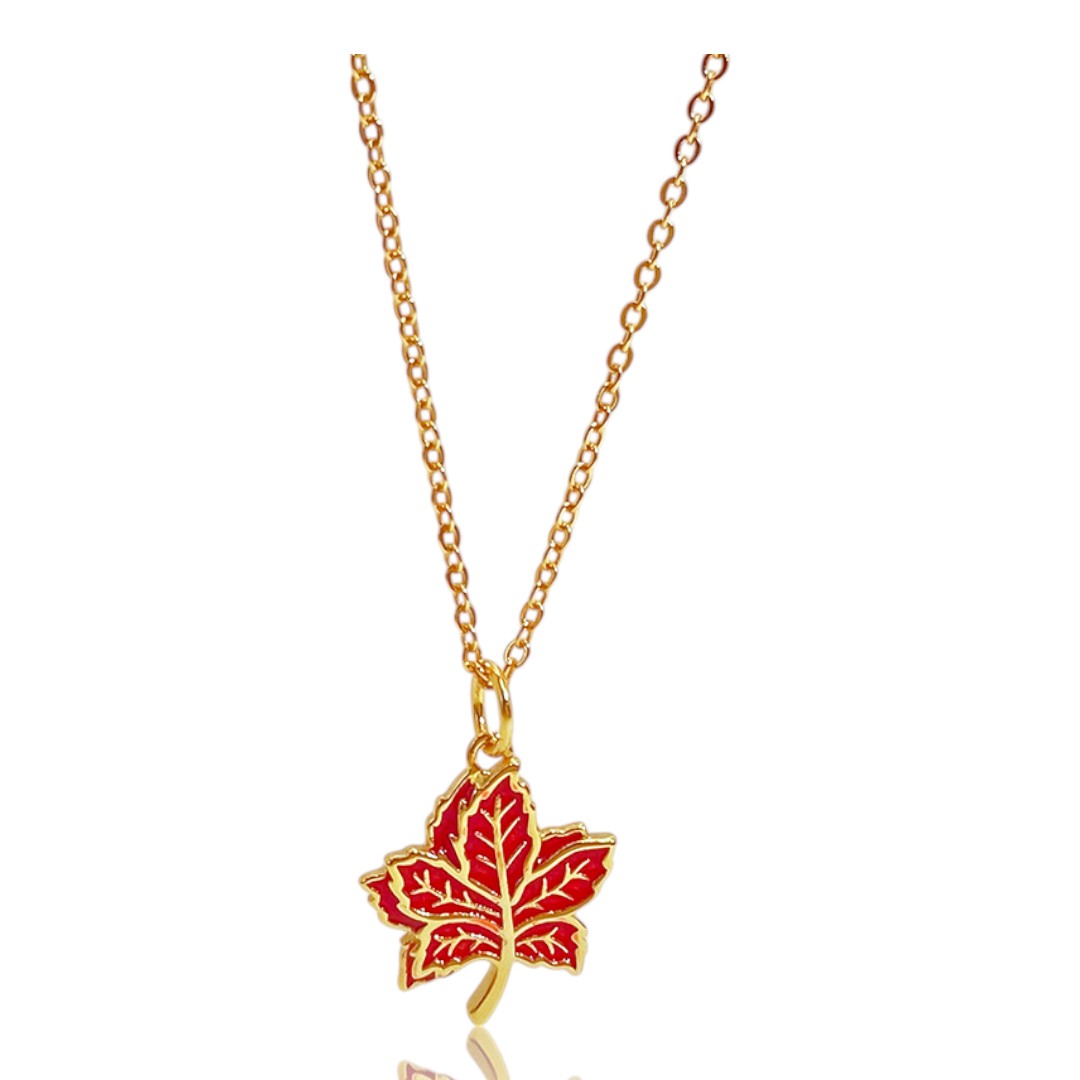 18K Gold Plated Red Enamel Maple Leaf Pendant Necklace – Sterling