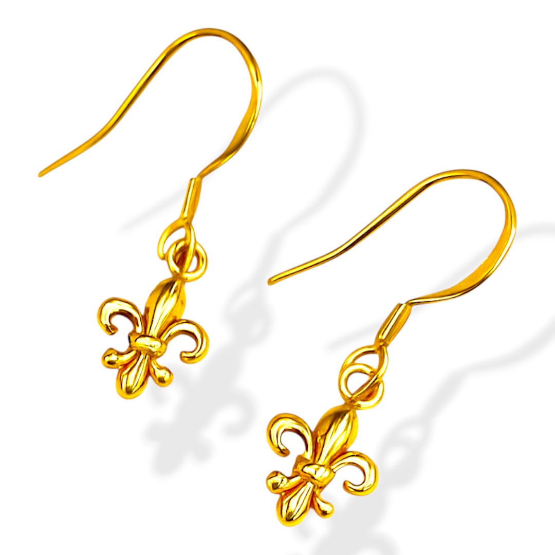 Fleur de Lys 18K Gold Plated Hanging Sterling Silver Earrings - Image 2