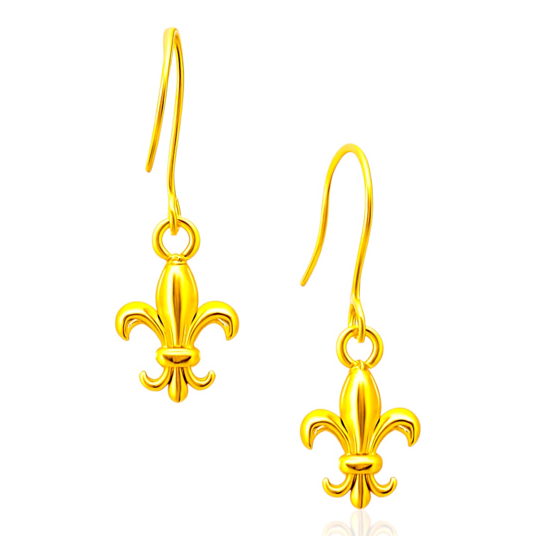 Fleur de Lys 18K Gold Plated Hanging Sterling Silver Earrings