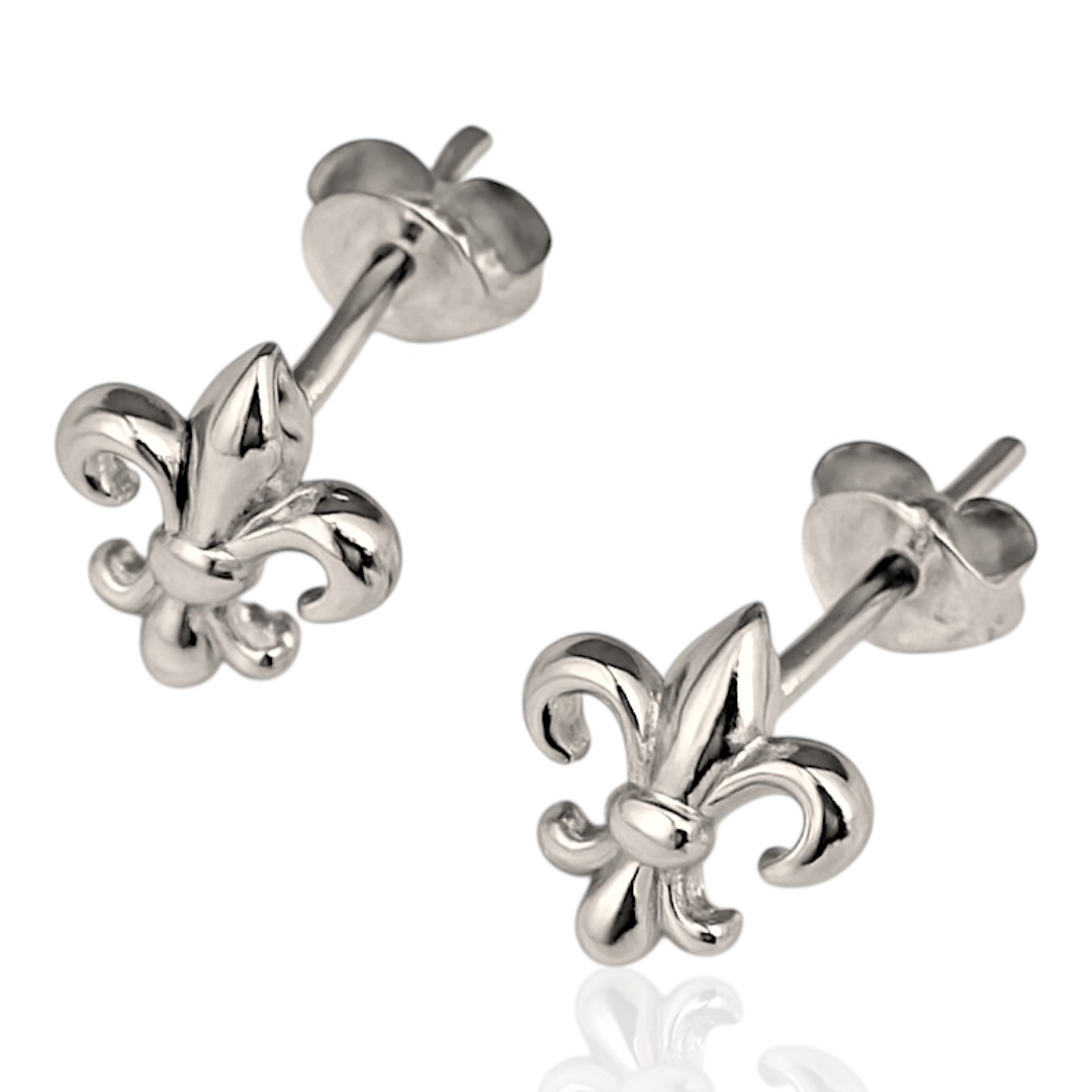 Fleur de Lys White Gold Plated Sterling Silver Stud Earrings - Image 5