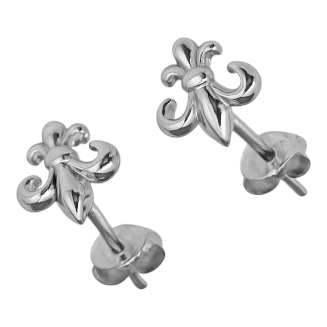 Fleur de Lys White Gold Plated Sterling Silver Stud Earrings - Image 4