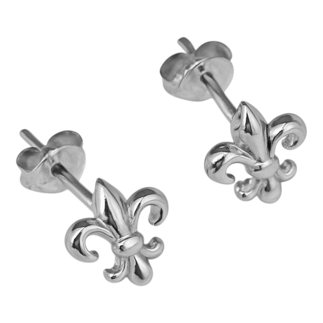 Fleur de Lys White Gold Plated Sterling Silver Stud Earrings