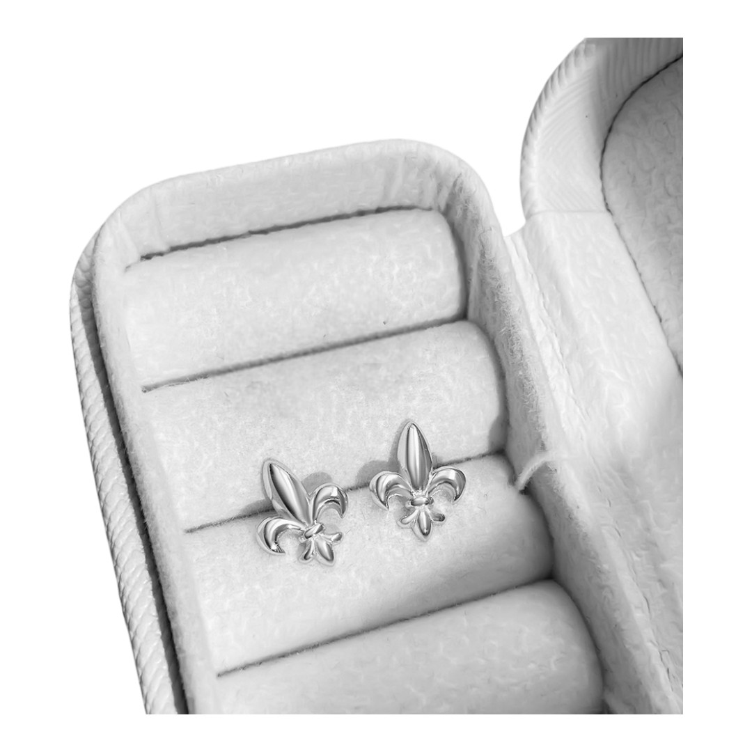 Fleur de Lys White Gold Plated Sterling Silver Stud Earrings - Image 2