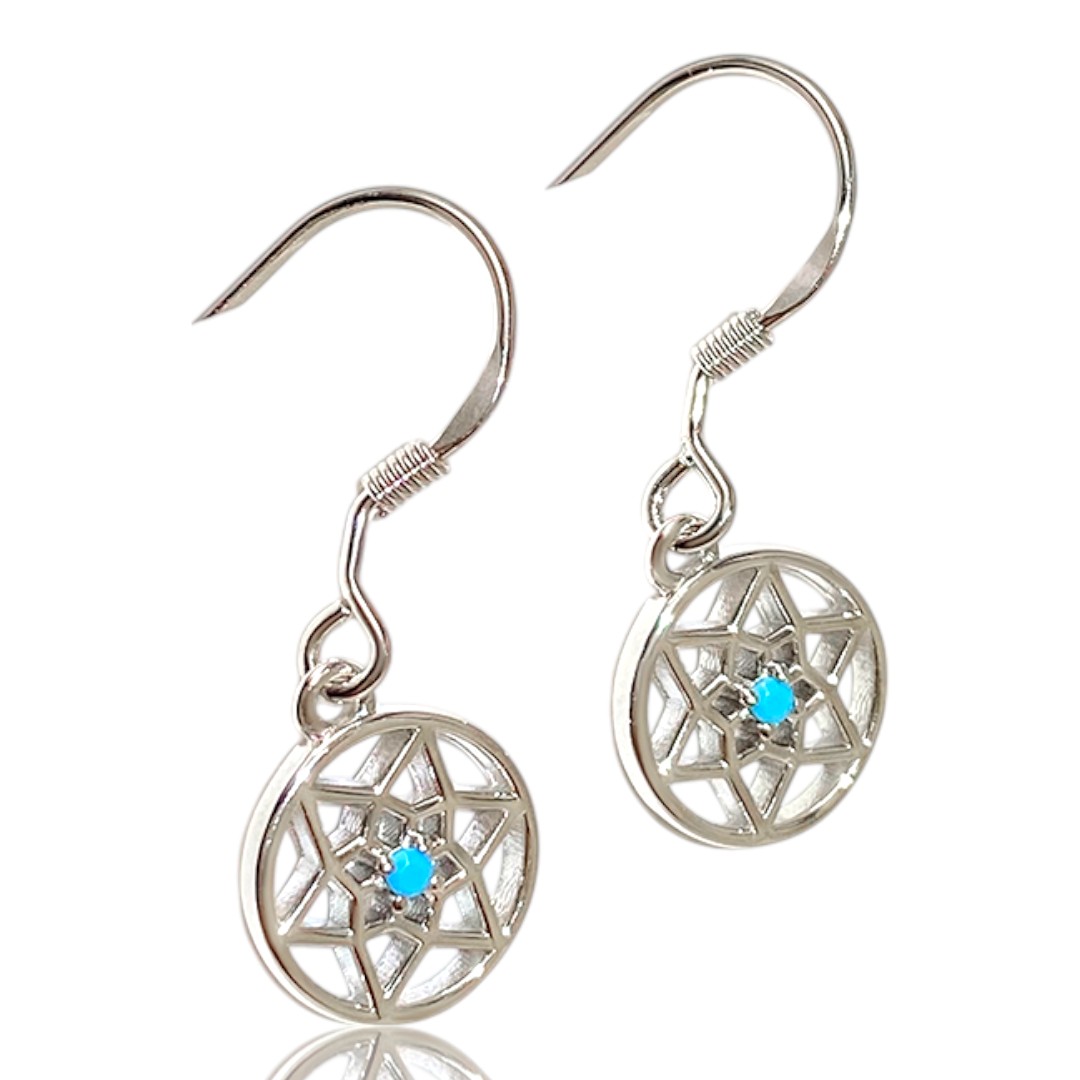 Blue Stone Dreamcatcher Earrings – White Gold Plated Sterling Silver Boho