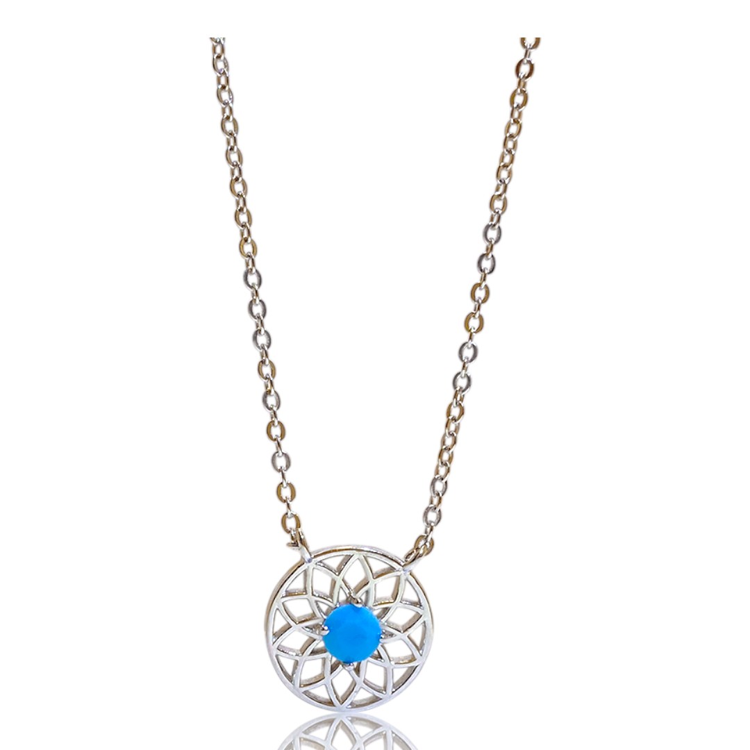Blue Stone Dreamcatcher Necklace – White Gold Plated Sterling Silver Pendant