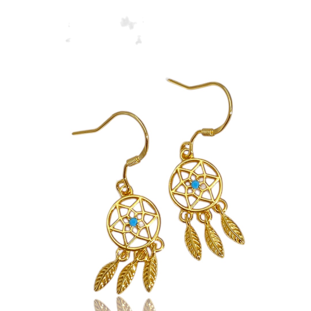 Boho Blue Stone Dreamcatcher Earrings – 18K Gold Plated Sterling Silver