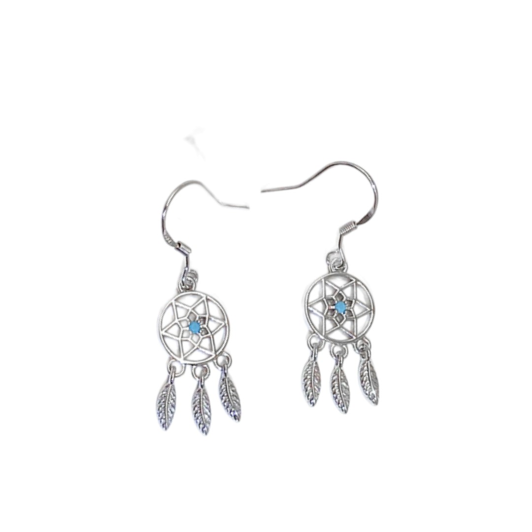 Blue Stone Dreamcatcher Earrings – White Gold Plated Sterling Silver Dangle