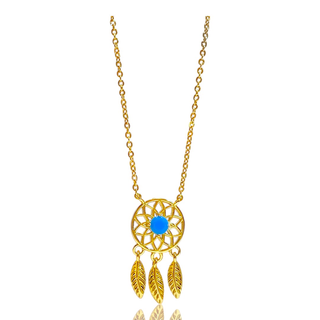 Blue Stone Dreamcatcher 18K Gold Plated Sterling Silver Pendant Necklace