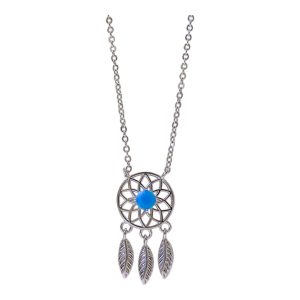 Blue Stone Dreamcatcher Pendant – White Gold Plated Sterling Silver Necklace