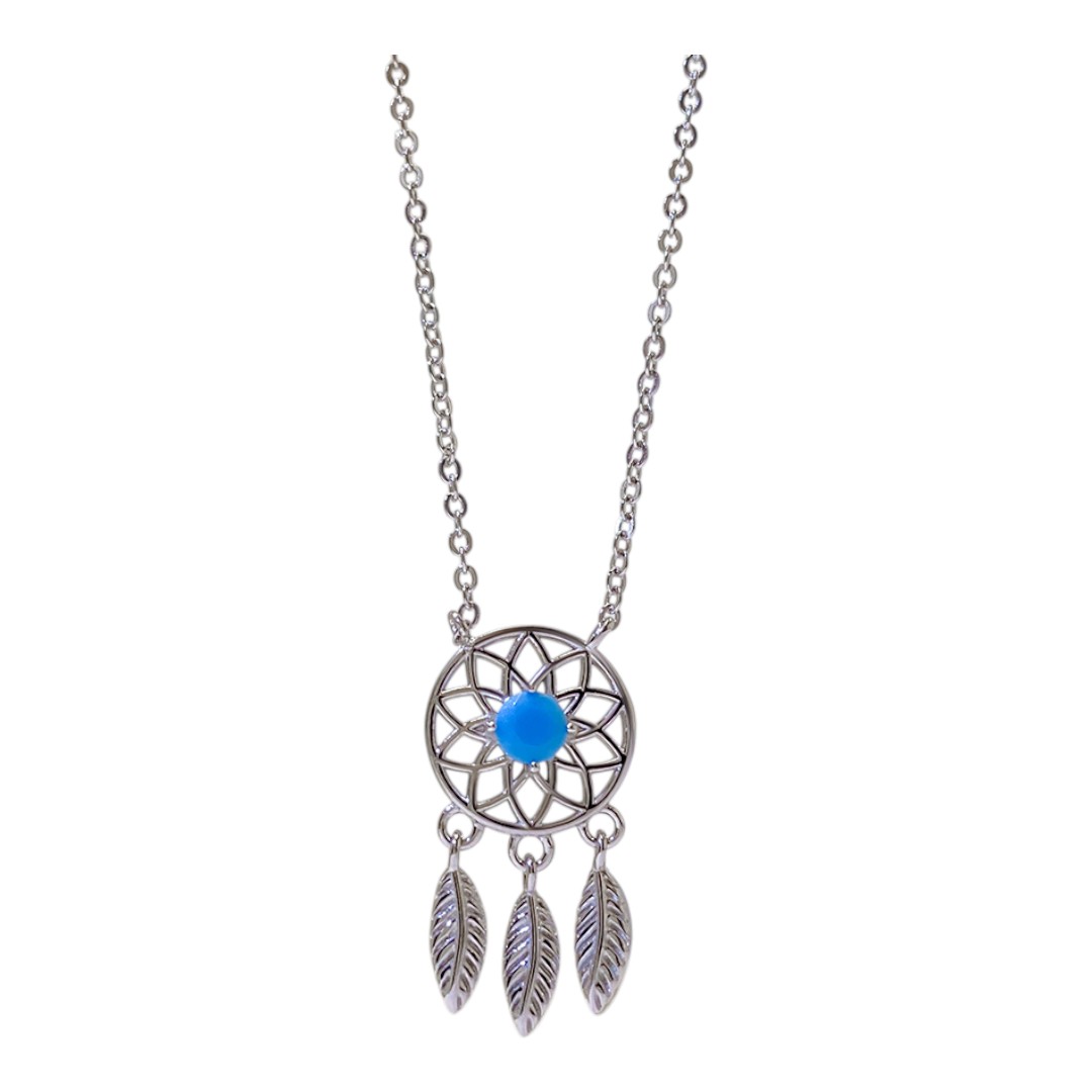 Blue Stone Dreamcatcher Pendant – White Gold Plated Sterling Silver Necklace