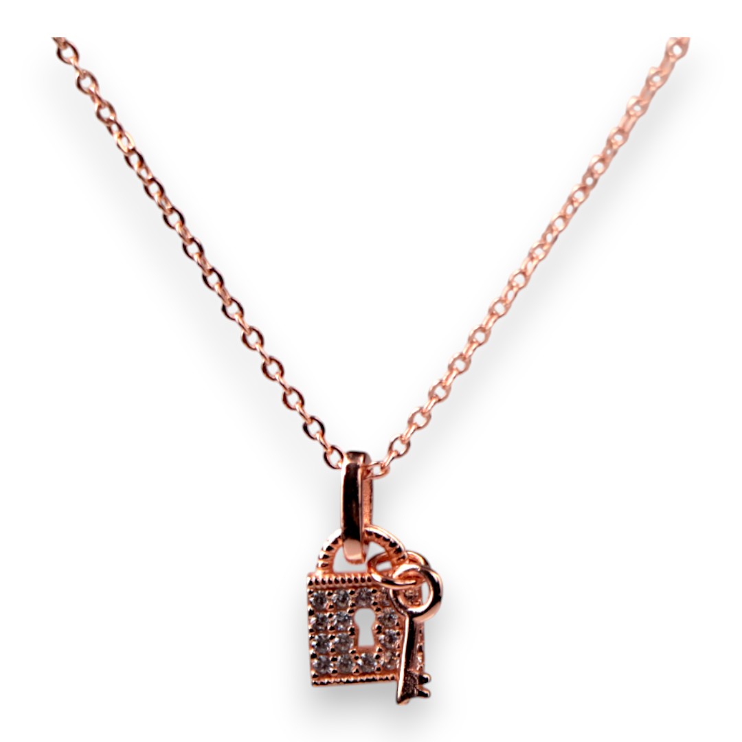 Cubic Zirconia Lock Key Pendant Necklace – Rose Gold Chain, Dainty - Image 4
