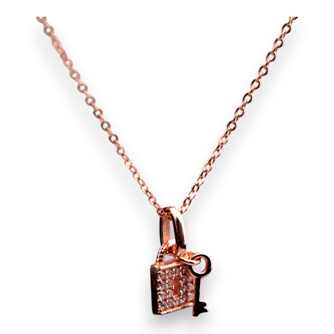 Cubic Zirconia Lock Key Pendant Necklace – Rose Gold Chain, Dainty - Image 5