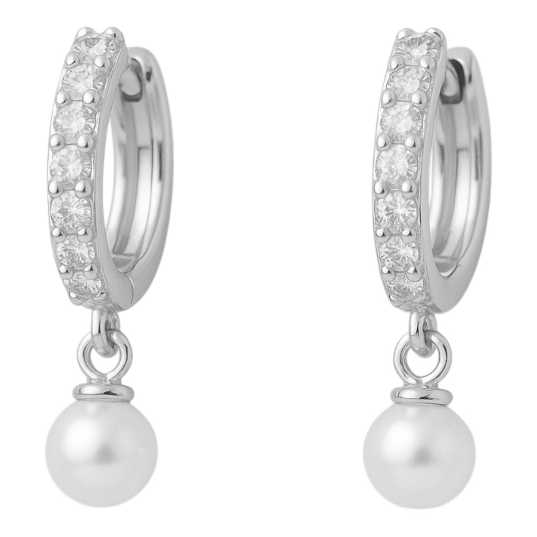White Gold Pearl Drop Hoop Earrings – Sterling Silver & Cubic
