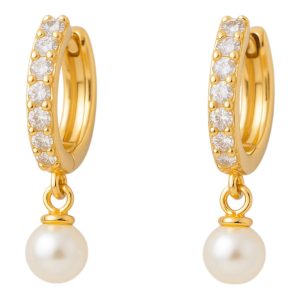 18K Gold Plated Sterling Silver Pearl Drop Hoop Earrings with Cubic