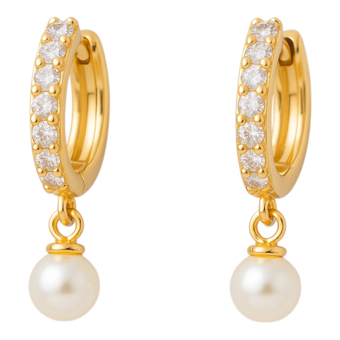 18K Gold Plated Sterling Silver Pearl Drop Hoop Earrings with Cubic