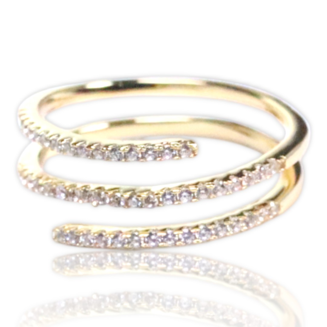 18K Gold Plated Sterling Silver Spiral Ring with Cubic Zirconia - Size 6-7-8-9