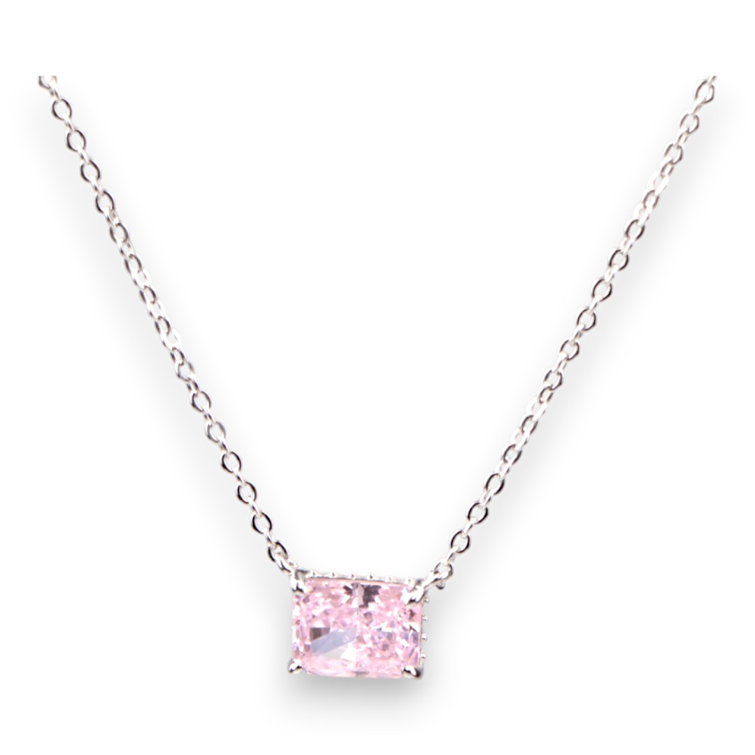 Pink Cubic Zirconia Pendant Necklace – White Gold Plated Sterling Silver