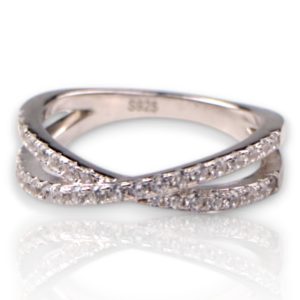 White Gold Plated Crossover Sterling Silver Ring with Sparkling Cubic Zirconia - Size 6-7